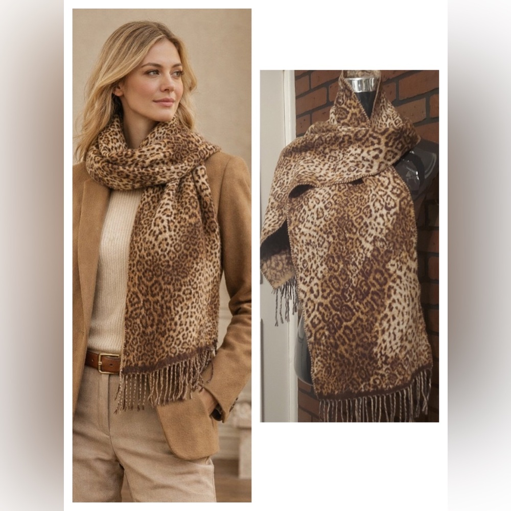 Danier Leopard Print Scarf Fringe Wrap Brown Tan Classic Winter Shawl - Picture 1 of 10